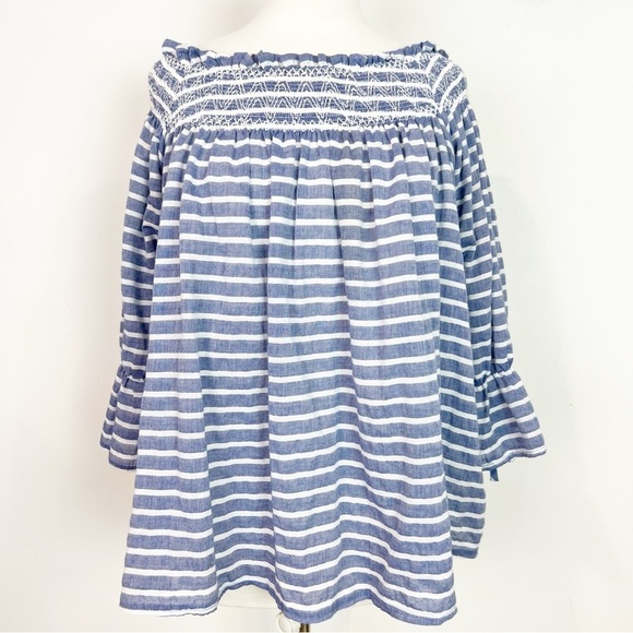 JORDANN BLUE WHITE STRIPE OFF SHOULDER SMOCKED BLOUSE WOMENS SZ MEDIUM - Picture 5 of 7